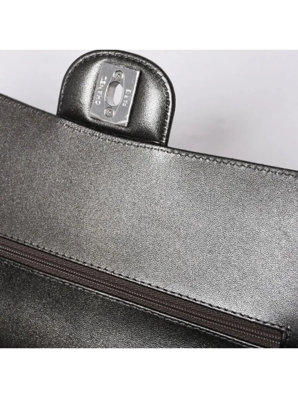 Chanel Quilted 25 Double Flap Chain Shoulder Bag Shine Gray Lambskin Silver